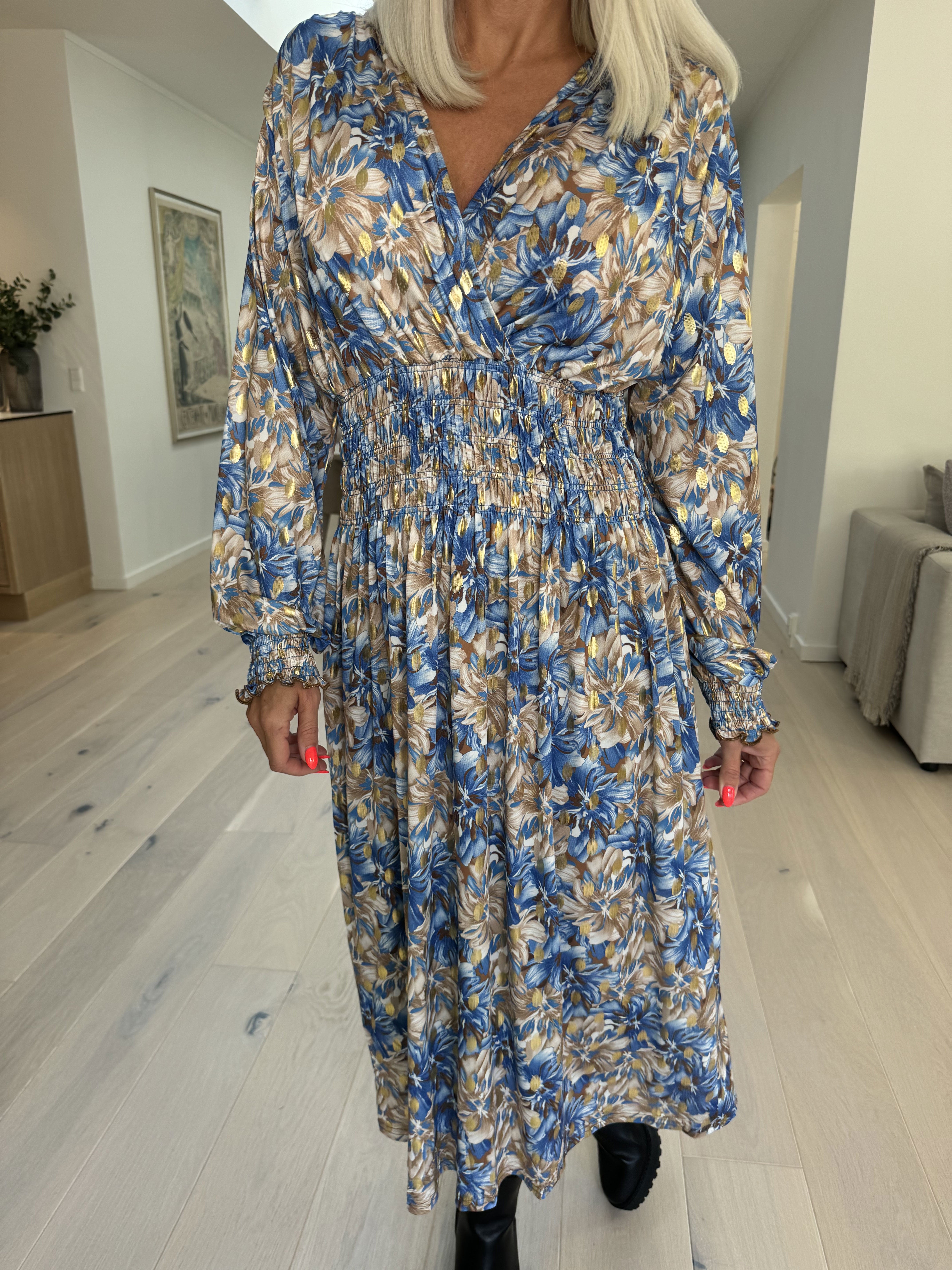 Pams Floral Midi L/S - Elastisk kjole i krølfrit stof